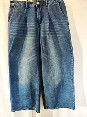 Women’s Blue Denim Wide-Leg Cropped Jeans High Rise Relaxed Fit Pockets XL